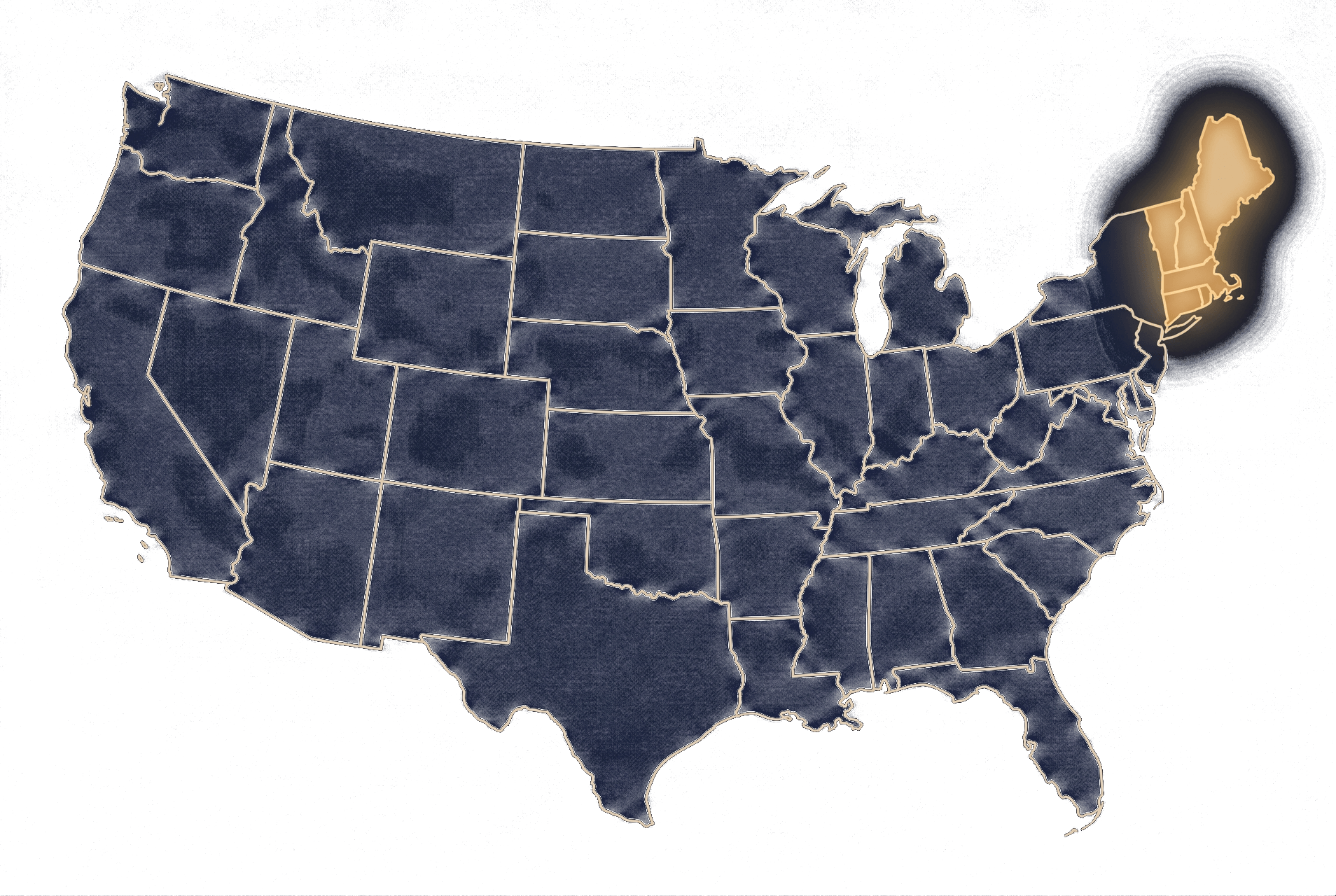 Mapa dos Estados Unidos com os seis estados de New England (Maine, New Hampshire, Vermont, Massachusetts, Rhode Island, Connecticut) destacados em dourado