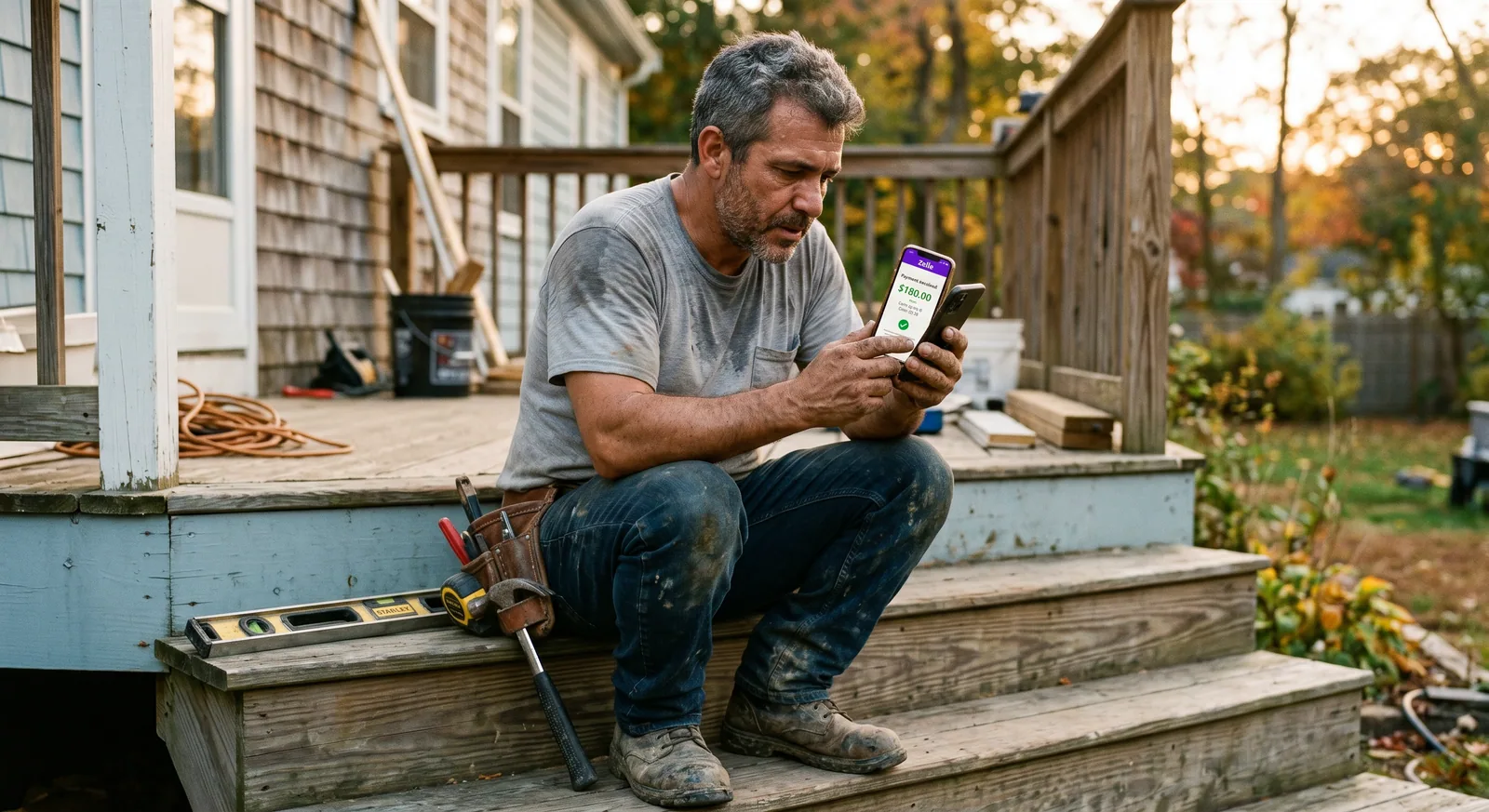 Handyman terminando serviço numa casa, fotografando recibo no celular